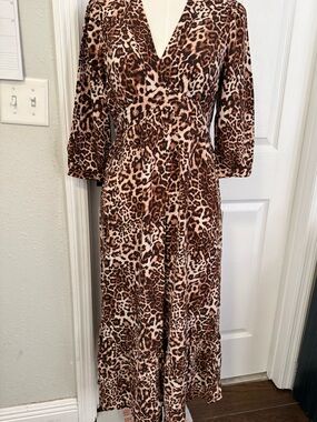 Leopard Print V-Neck Maxi Dress - Brown Animal Print